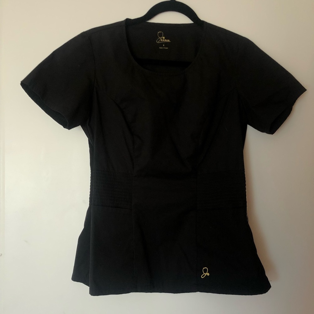 Jaanuu Black Scrub Top small black with gold side zipper
